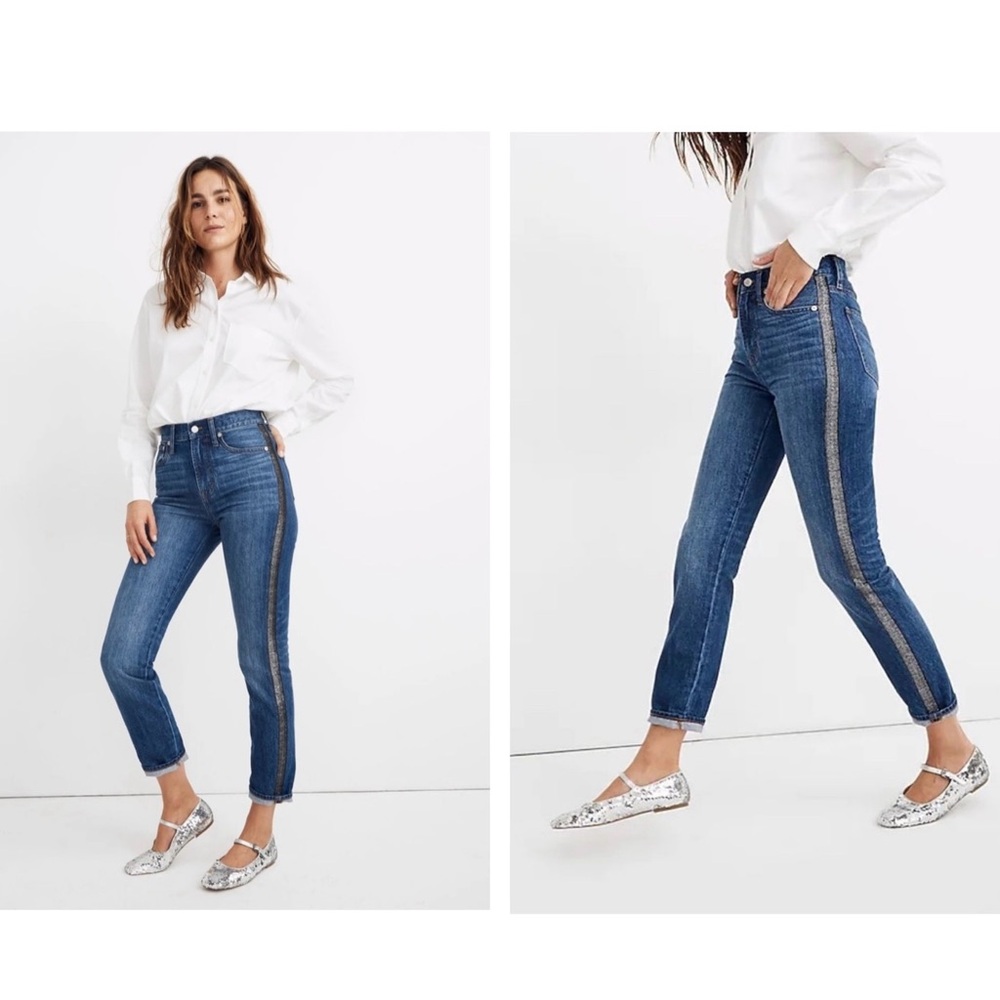 Madewell The Perfect Vintage Jeans Tuxedo Stripe Metallic Denim Straight NWT 25